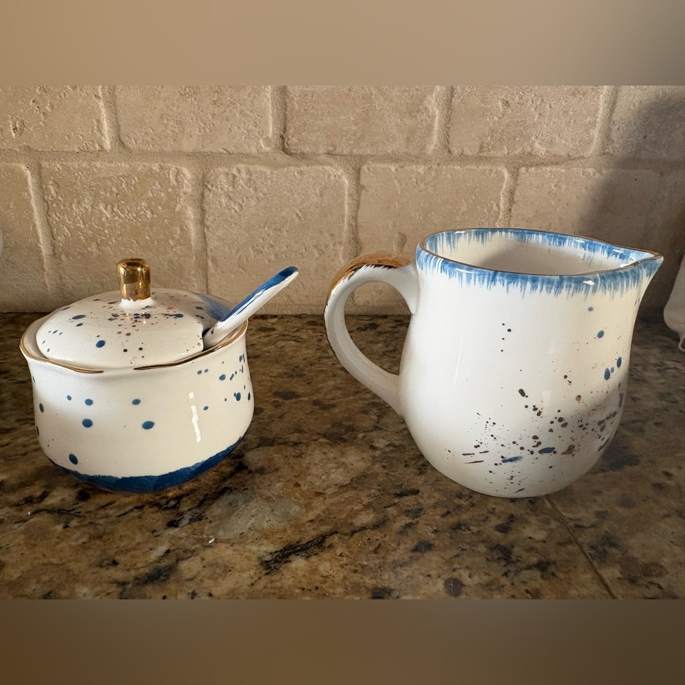 Anthropologie Blue and White Ceramic Mug and Sugar Bowl